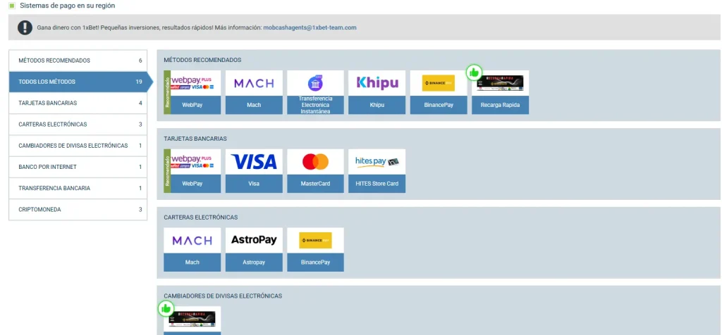 Depósito y retiro de ganancias de 1xBet Chile